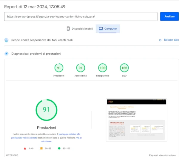 SEO Canton Ticino: Ottimizzazione velocità WordPress e Core Web Vitals misurati con PageSpeed Insights