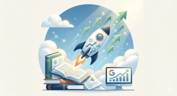 Illustrazione concettuale ed elegante di un razzo spaziale che decolla da una base fatta di libri aperti e documenti, simboleggiando il passaggio dalla teoria alla pratica. La scia del razzo è composta da frecce verdi rivolte verso l'alto e stelle luminose, che rappresentano la crescita dei risultati organici. Accanto alla base, un monitor mostra un grafico in ascesa con il logo di Google, il tutto in un design pulito su sfondo chiaro con tonalità pastello e icone moderne.