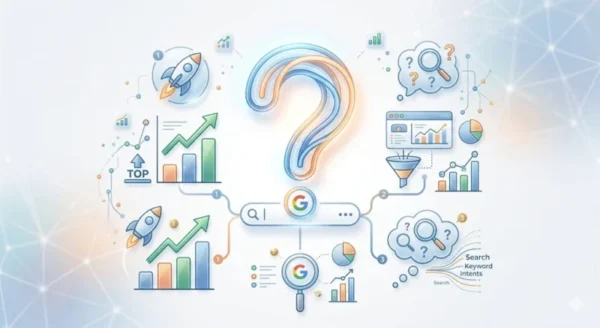 Illustrazione digitale elegante in stile moderno su sfondo chiaro. Al centro campeggia un grande punto interrogativo stilizzato circondato da icone che rappresentano la SEO e l'analisi dei dati: grafici a barre in crescita, lenti d'ingrandimento per la ricerca organica, una barra di ricerca di Google e cruscotti di analisi dati. Il design è pulito, con tonalità blu, arancio e icone colorate, e simboleggia l'assistenza e la comprensione delle metriche web.
