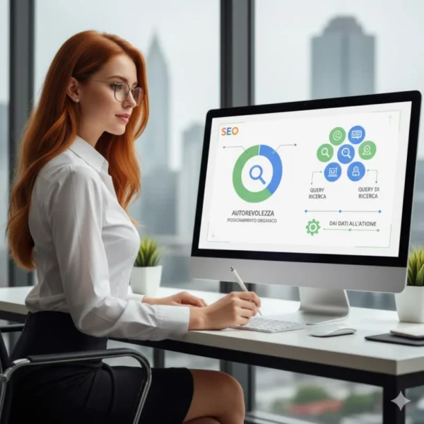 Consulente SEO esperta con occhiali analizza grafici di posizionamento organico e query di ricerca su un PC in ufficio.