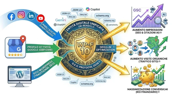 Il Metodo WP-Forza 10®: Trasformazione Entità Digitale per GEO e LLM Infografica tecnica de Il Metodo WP-Forza 10® di Antonello Bertino © ®: schema della trasformazione di Social, GMB e Sito in un'unica Entità Digitale Unificata per l'ottimizzazione GEO e l'aumento di impressioni, visite e conversioni (ROI).