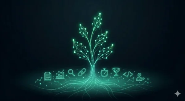 Rappresentazione artistica della ricerca organica Google: una pianta digitale che cresce alimentata da icone di link building, analisi dati e ottimizzazione tecnica SEO.