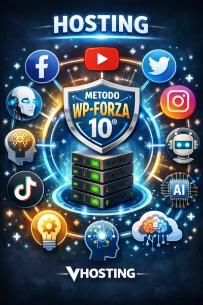 Infografica hosting VHosting con server centrale, scudo metodo WP Forza 10 e icone AI e social intorno.
