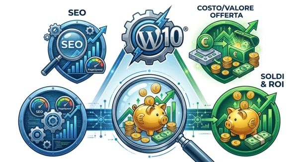 Infografica tecnica che illustra la trasformazione della SEO tecnica in ROI finanziario secondo Il Metodo WP-Forza 10® di Antonello Bertino. In alto, triangolazione dei loghi Metodo, SEO e Costo/Valore. In basso, flusso da ingranaggi blu (performance PageSpeed) a un salvadanaio dorato verde (asset finanziari e grafici in crescita) tramite una lente d'ingrandimento.