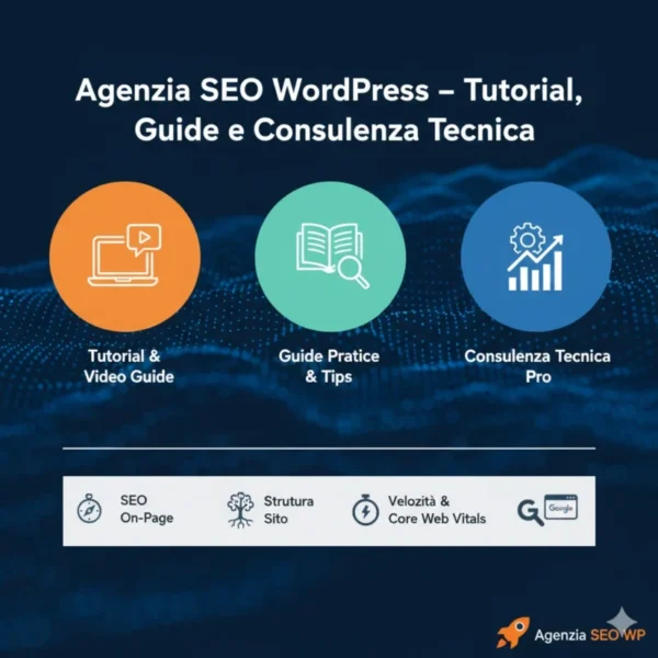 Infografica Agenzia SEO WP: icone per video tutorial, guide pratiche e consulenza tecnica per l'ottimizzazione di siti WordPress