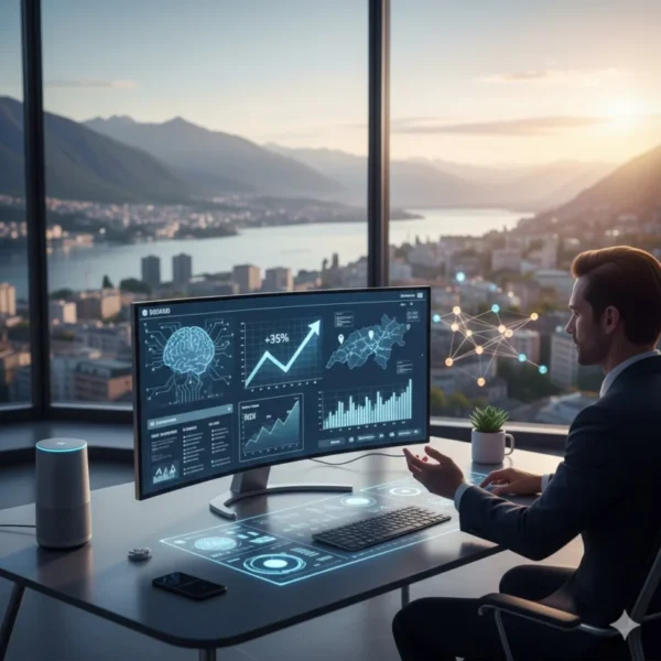 Professionista in ufficio moderno a Lugano che analizza dati di SEO tecnica e intelligenza artificiale su un monitor curvo, con vista sul lago e assistente vocale sulla scrivania.