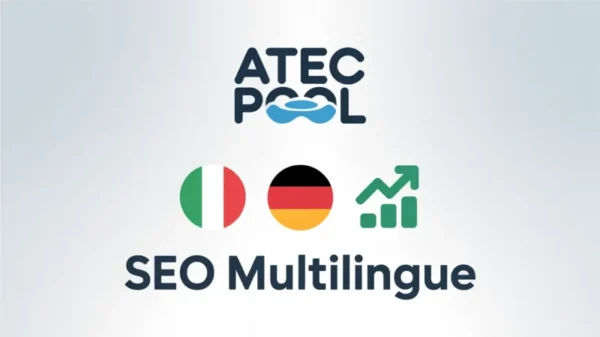 Grafica caso studio Atec Pool: logo aziendale, bandiere Italia e Germania con grafico di crescita per la strategia SEO multilingue in Canton Ticino.