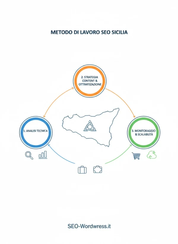 metodo-lavoro-seo-sicilia-workflow Schema grafico futuristico che illustra il metodo di Consulenza SEO in Sicilia. L'immagine mostra il passaggio dalla diagnosi dei dati al raggiungimento dei risultati di posizionamento organico per le imprese siciliane.