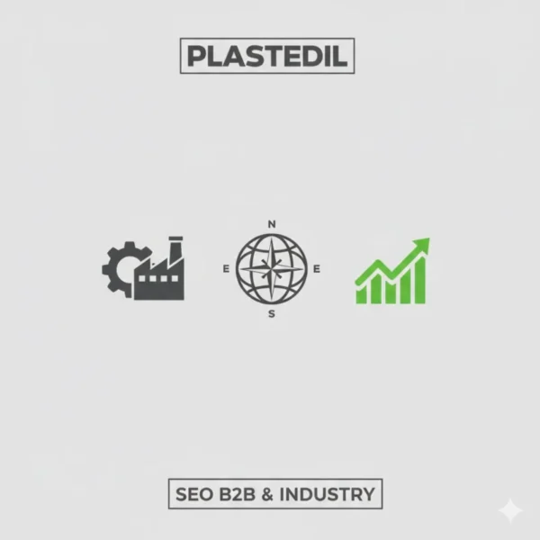 Caso studio Plastedil: logo aziendale, icona industria e grafico di crescita lead per strategia SEO B2B internazionale.