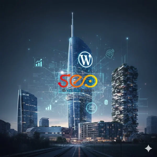 Consulenza SEO WordPress e GEO a Milano - Skyline futuristico e intelligenza artificiale