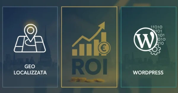 Infografica FAQ SEO con icone per Strategia GEO Torino, ROI e Logo WordPress.