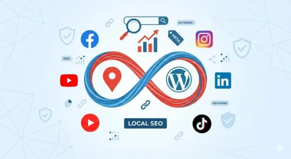 Grafica flat design con loghi WordPress e Google My Business intrecciati in un simbolo dell'infinito, circondati da icone social e grafici SEO.
