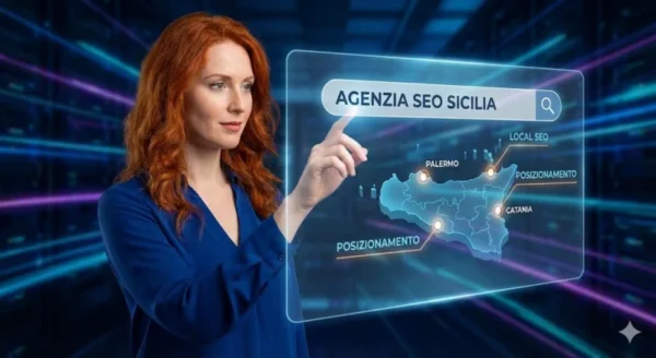 agenzia-seo-sicilia-posizionamento-locale-futuristico Una professionista con capelli rosso acceso interagisce con un'interfaccia olografica trasparente in stile Minority Report. Sullo schermo è visibile una mappa della Sicilia con punti luce su Palermo e Catania, la scritta "AGENZIA SEO SICILIA" nella barra di ricerca e icone dedicate alla Local SEO e al posizionamento organico.