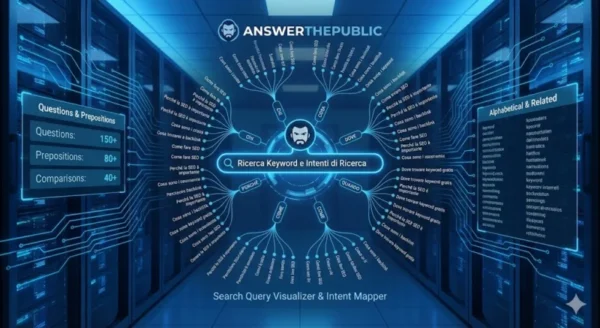 Visualizzazione olografica azzurra di AnswerThePublic che mostra una mappa mentale di domande (Perché, Come, Dove, Quando), icone di ricerca e statistiche sulle query degli utenti in un ambiente tecnologico.