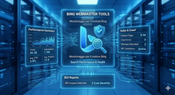 Interfaccia olografica azzurra di Bing Webmaster Tools che mostra il riepilogo delle performance (click, impression), lo stato di indicizzazione (Index & Crawl) e i report sugli errori SEO rilevati.