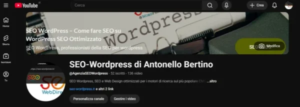 Schermata del canale YouTube SEO-Wordpress di Antonello Bertino con focus su strategie SEO per WordPress.