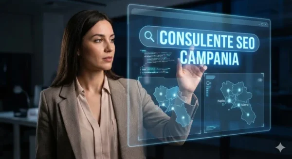 Professionista in un ufficio moderno che interagisce con un'interfaccia olografica futuristica. Sullo schermo trasparente è evidenziata la ricerca "CONSULENTE SEO CAMPANIA" e una mappa luminosa della regione Campania con i nodi di Napoli e Salerno, a simboleggiare la strategia di posizionamento locale tramite SEO e GEO.