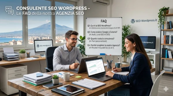 Un consulente SEO WordPress illustra le FAQ strategiche a una cliente in un ufficio moderno con vista sull'Etna a Catania.