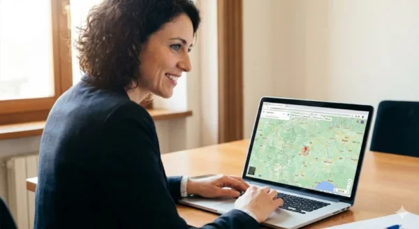 Consulente esperta analizza su laptop la mappa digitale di Torino e Piemonte per definire una strategia SEO locale mirata.