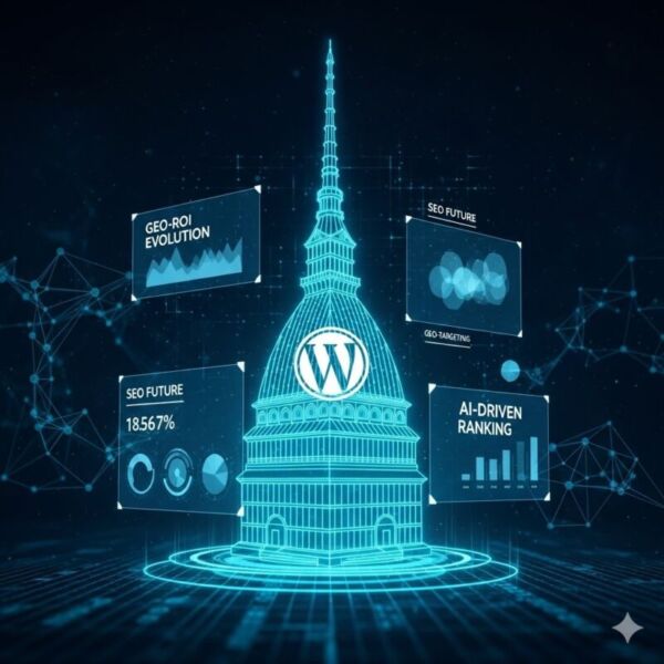 Mole Antonelliana stilizzata su sfondo tecnico: rappresentazione della consulenza SEO WordPress a Torino basata su strategie GEO e ROI.