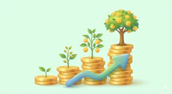 Illustrazione 3D di una scala di monete con piante in crescita e un albero finale: simboleggia il ritorno dell'investimento SEO progressivo e la sostenibilità del pagamento a rate.
