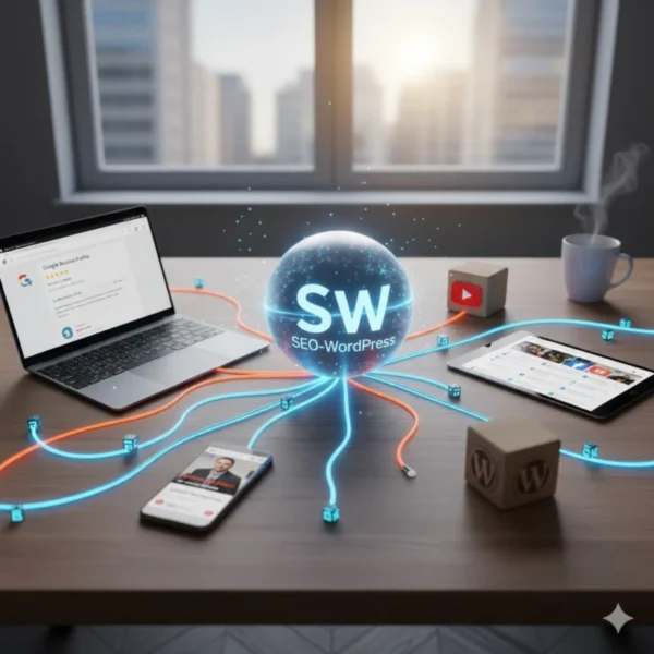 Rappresentazione concettuale di una Brand Identity interconnessa tra sito WordPress, Canale YouTube e Google Business Profile.