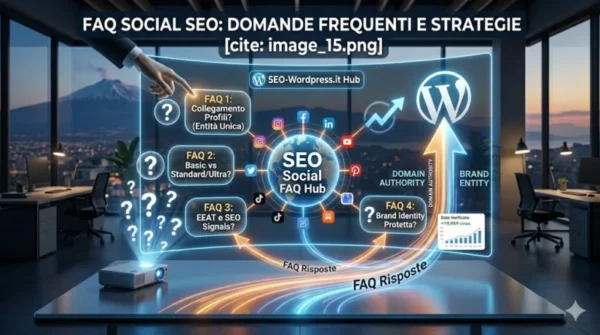 Infografica FAQ Social SEO che illustra la risoluzione dei dubbi su Brand Identity, piani Standard/Ultra e sincronizzazione dei segnali di autorità verso il sito WordPress.