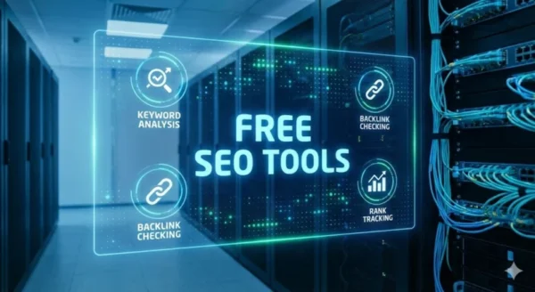 Interfaccia tecnologica futuristica che mostra icone di Free SEO Tools per l'analisi delle keyword, il monitoraggio dei backlink e il rank tracking in un ambiente server professionale.