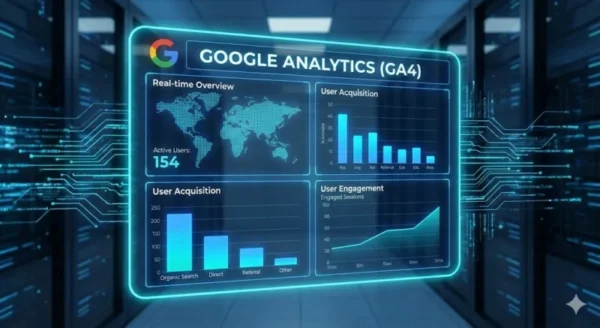Dashboard olografica di Google Analytics GA4 che mostra dati in tempo reale, acquisizione utenti dalla ricerca organica e metriche di engagement in un ambiente data center futuristico.