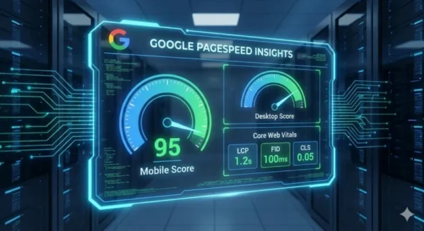 Dashboard olografica di Google PageSpeed Insights che mostra un punteggio mobile di 95 e i parametri dei Core Web Vitals (LCP, FID, CLS) in un ambiente data center futuristico.
