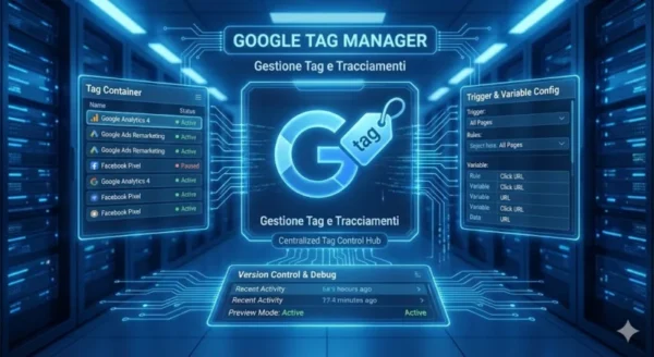 Interfaccia olografica azzurra di Google Tag Manager che mostra il pannello di controllo dei tag (GA4, Facebook Pixel), configurazione di trigger e variabili in un data center moderno.