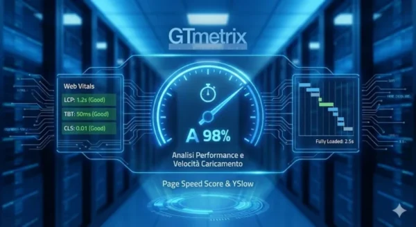 Dashboard olografica azzurra di GTmetrix con tachimetro della velocità al 98%, parametri Web Vitals (LCP, TBT, CLS) e grafico di caricamento in un ambiente data center tecnologico.