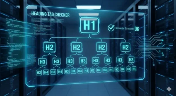 Interfaccia olografica che visualizza la struttura gerarchica dei tag HTML (H1, H2, H3, H4) per l'analisi semantica SEO in un ambiente tecnologico.