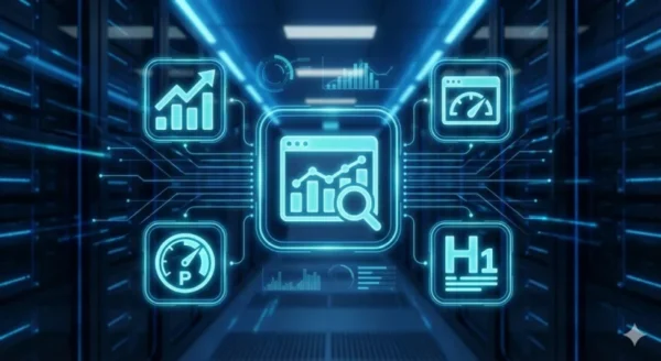 Interfaccia olografica futuristica che mostra le icone di Google Search Console, Google Analytics, PageSpeed Insights, Pingdom e Heading Checker in un ambiente data center. Rappresentazione degli strumenti SEO gratuiti fondamentali per l'analisi tecnica.