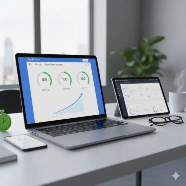 ottimizzazione-core-web-vitals-wordpress-performance Risultati Google PageSpeed Insights con punteggio 100 su sito WordPress ottimizzato.