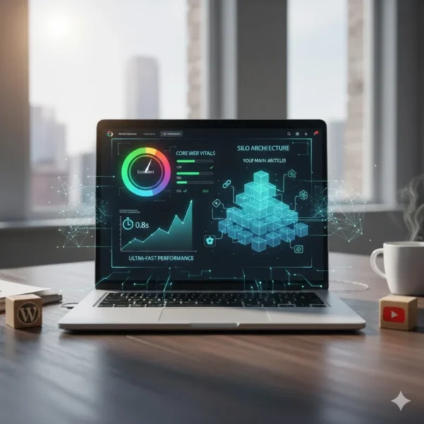 Dashboard su laptop che mostra parametri Core Web Vitals eccellenti e uno schema grafico di architettura SEO a Silo per siti WordPress.