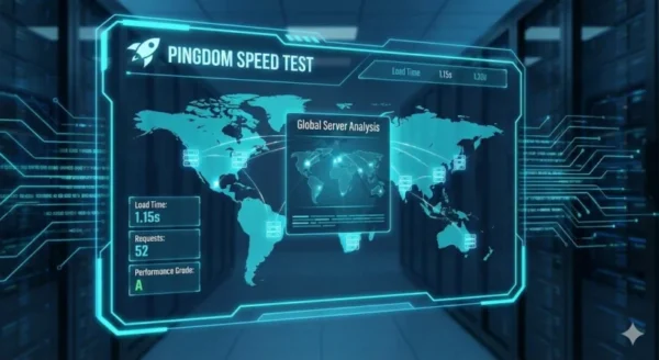Dashboard olografica di Pingdom Speed Test che mostra un'analisi globale dei server con mappa mondiale, tempo di caricamento di 1.15s e voto di performance "A" in un ambiente data center.