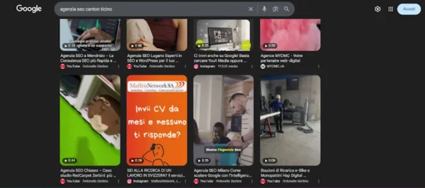 Schermata dei risultati di ricerca Google per "Agenzia SEO Canton Ticino" che mostra i video di SEO-WordPress.it posizionati nella prima riga dei risultati organici per Mendrisio, Lugano e Chiasso.