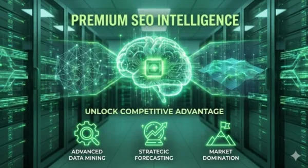 Interfaccia olografica verde con un cervello digitale centrale, grafici di rete e icone di "strategic forecasting" e "market domination", che illustra la Premium SEO Intelligence dei software professionali.