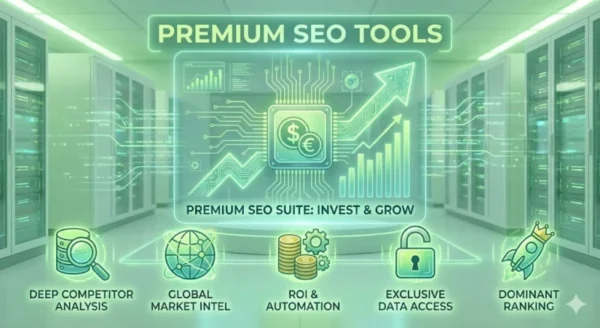 Interfaccia olografica verde brillante in un data center che mostra icone di analisi dei competitor, ROI e accesso a dati esclusivi, rappresentando i migliori SEO tool a pagamento.
