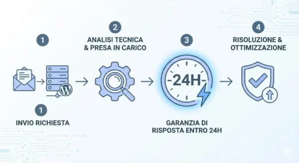 Infografica del processo di assistenza SEO WordPress in 4 step: invio richiesta, analisi, risposta 24h e risoluzione.