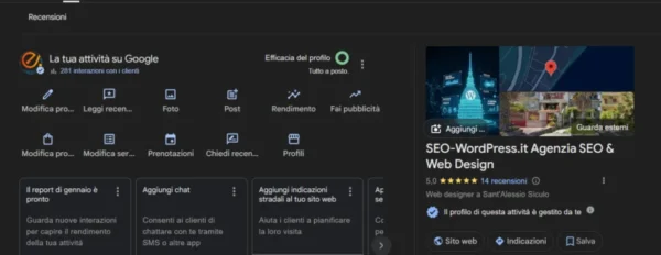 Profilo Google My Business di SEO-WordPress.it con 14 recensioni a 5 stelle.