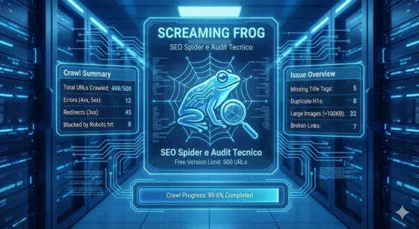 Interfaccia olografica azzurra di Screaming Frog con l'icona della rana, riepilogo del crawling (URL scansionati, errori 4xx, redirect) e panoramica dei problemi tecnici in un data center.