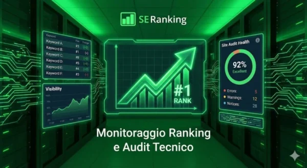 Dashboard olografica verde di SE Ranking che mostra il monitoraggio della posizione #1 delle keyword, grafici di visibilità e punteggio di Audit Tecnico del sito in un data center futuristico.