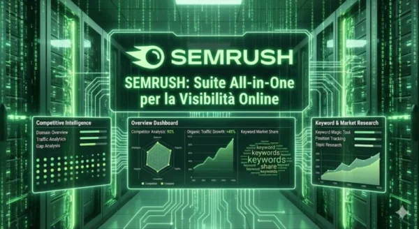 Interfaccia olografica verde in stile Matrix all'interno di un data center, che mostra la dashboard di Semrush con dati su Competitive Intelligence, Keyword Research e crescita del traffico organico.