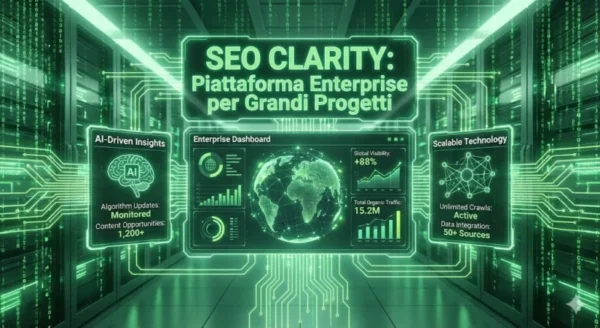 Dashboard olografica verde in stile Matrix di SEO Clarity che mostra un globo per la visibilità globale, sezioni dedicate a AI-Driven Insights e tecnologie scalabili con oltre 50 fonti integrate in un ambiente tecnologico.