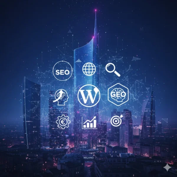 Infografica SEO e GEO WordPress Milano - Icone posizionamento AI e ROI su skyline notturno