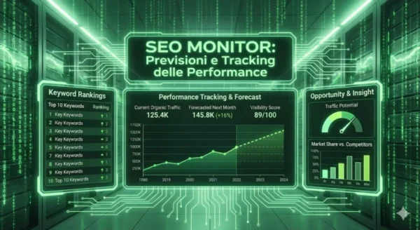 Dashboard digitale verde in stile Matrix di SEO Monitor con grafici di previsione del traffico (Forecast), tracking del posizionamento delle keyword in top 10 e analisi del potenziale di visibilità in un ambiente server.