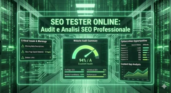 Dashboard olografica verde in stile Matrix di SEO Tester Online che mostra un audit del sito web con punteggio di salute (Health Score) al 94%, analisi dei problemi critici, opportunità di ottimizzazione keyword e grafici di performance in un data center.