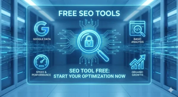 Interfaccia olografica azzurra in un data center che mostra icone per Google Data, Speed & Performance e Organic Growth, rappresentando i migliori SEO tool gratuiti per webmaster